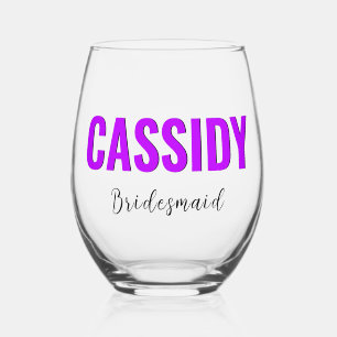 Neon Purple 3D Elegant Name Bridesmaid   Stemless Wine Glass