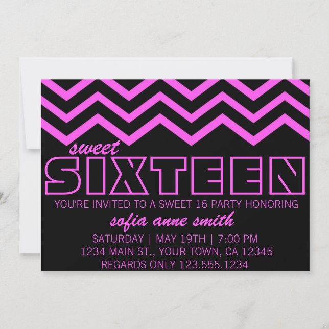 Neon Purple and Black Chevron Sweet 16 Invitation (Front)
