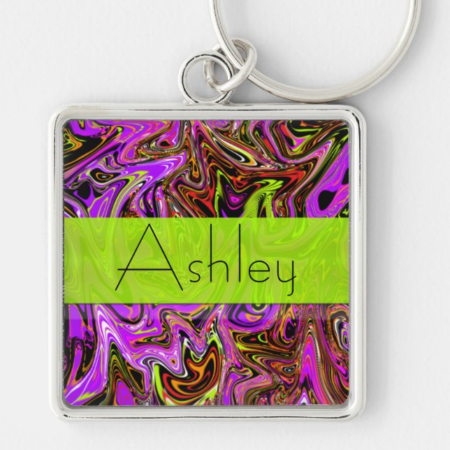 Neon Purple and Green Swirls Keychain with Name (Front)