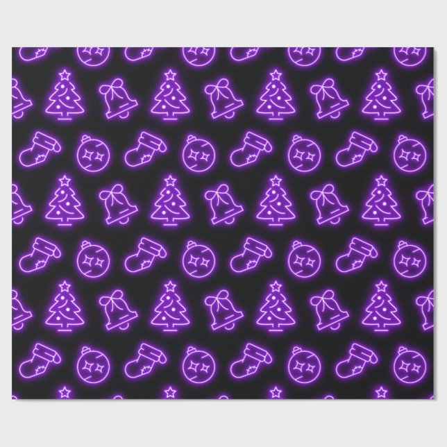 Neon Purple Christmas on Black Wrapping Paper (Flat)