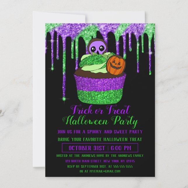 Neon Purple Green Glitter Cupcake Halloween Invitation (Front)