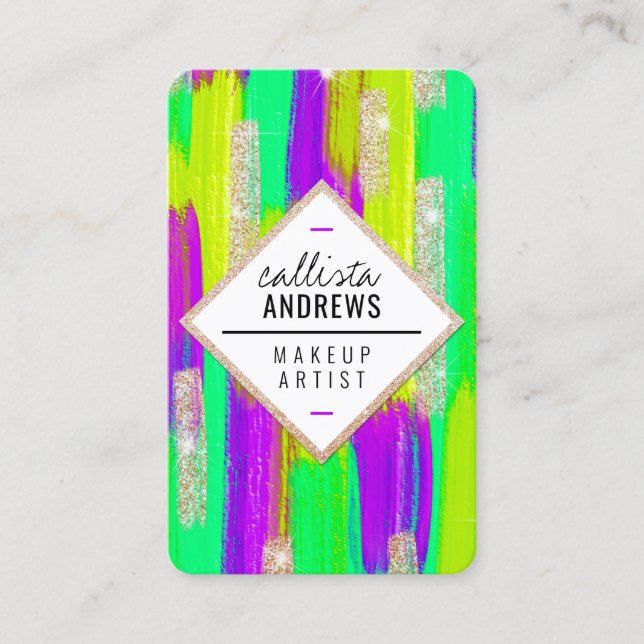 Neon Purple Green Yellow Gold Glitter Paint Makeup Business Card (Front)