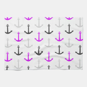 Neon Purple, Grey, Anchors; Nautical Tea Towel