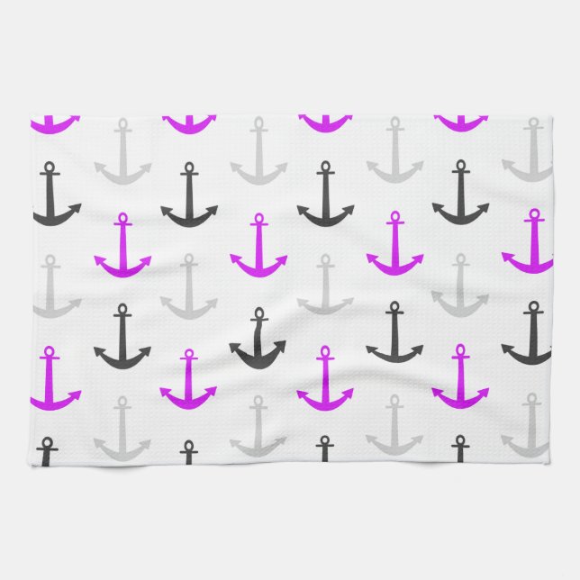 Neon Purple, Grey, Anchors; Nautical Tea Towel (Horizontal)