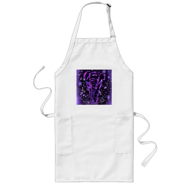 Neon Purple Pink Elephant Walking At Starry Night  Long Apron (Front)