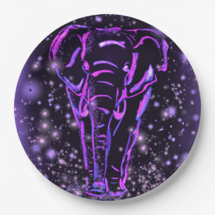 Neon Purple Pink Elephant Walking At Starry Night Paper Plate