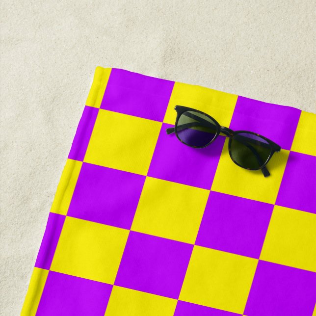 Neon Purple Yellow Chequered Chequerboard Vintage Beach Towel (In Situ)
