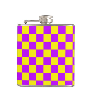 Neon Purple Yellow Chequered Chequerboard Vintage Hip Flask