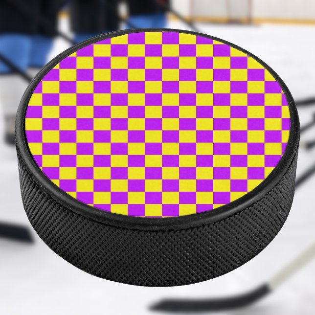 Neon Purple Yellow Chequered Chequerboard Vintage Hockey Puck (Creator Uploaded)