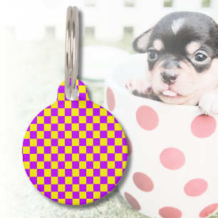 Neon Purple Yellow Chequered Chequerboard Vintage Pet Tag