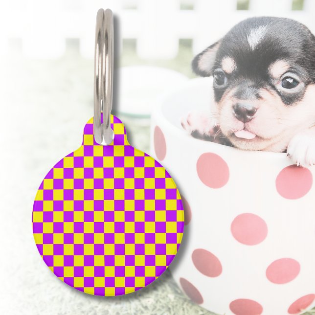 Neon Purple Yellow Chequered Chequerboard Vintage Pet Tag (Creator Uploaded)