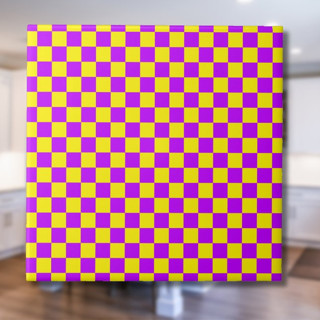 Neon Purple Yellow Chequered Chequerboard Vintage Tile (Creator Uploaded)