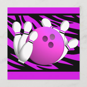 Neon Purple Zebra Stripe Bowling Party Invitation