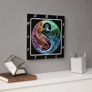 Neon Radiant Koi Gold Fish Reflection Square Wall Clock