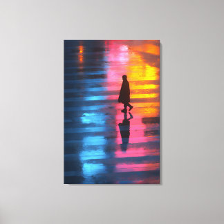 Neon Rain Crosswalk Silhouette Canvas Print