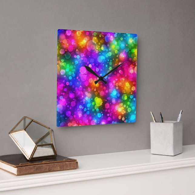 Neon Rainbow Bokeh Lights Abstract Square Wall Clock (Office)