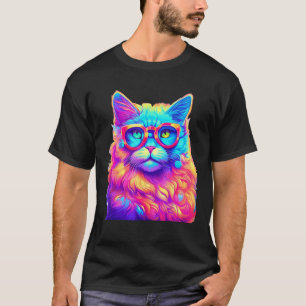 Neon Rainbow Cat Wearing Glasses Abstract Bright P T-Shirt