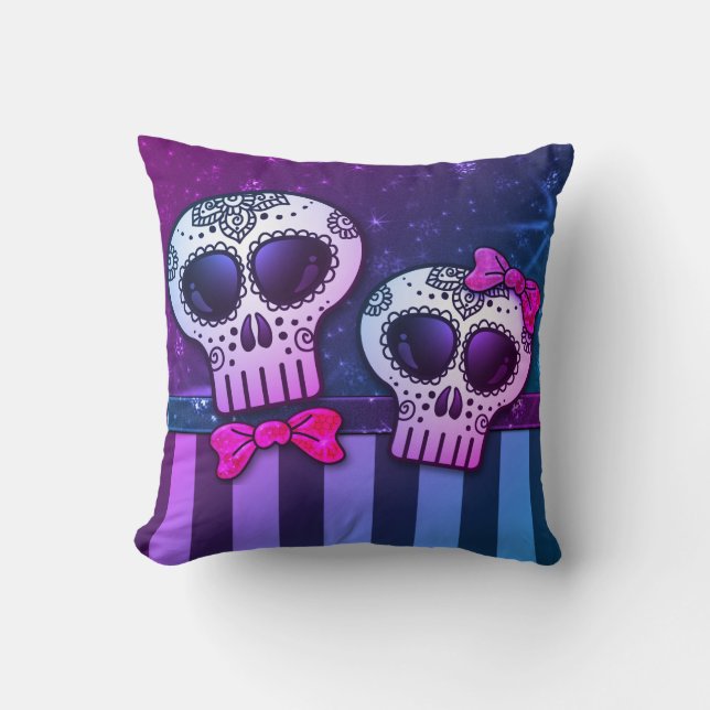 Neon Rainbow Day of The Dead Glitter Sugar Skulls Cushion (Front)
