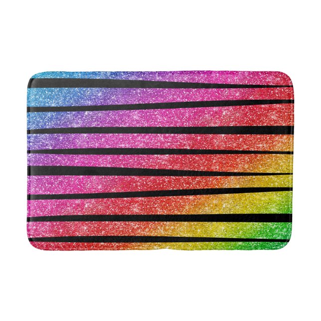 Neon Rainbow Faux Glitter Zebra Stripes Bath Mat (Front)