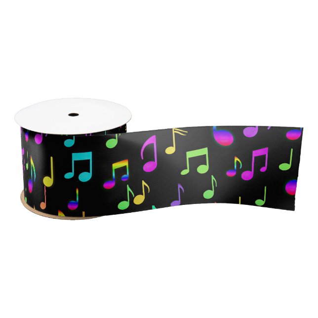 Neon Rainbow Musical Notes On Black Satin Ribbon (Spool)