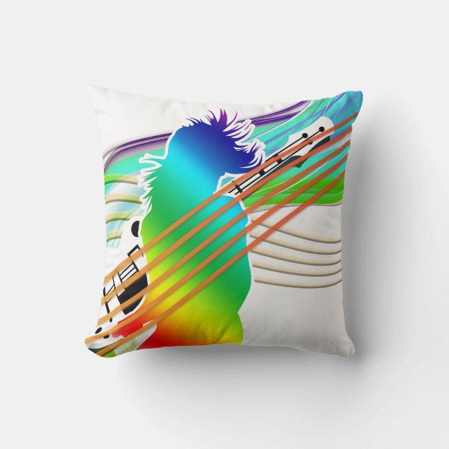 Neon Rainbow Person with Guitar Throw Pillow (Front)