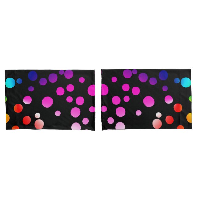 Neon Rainbow Polka Dots On Black Pillowcase (Front-Set)