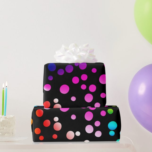 Neon Rainbow Polka Dots on Black Wrapping Paper (Party Gifts)