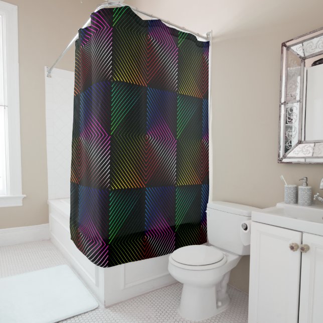 Neon Rainbow Prism Squares On Black Shower Curtain (In Situ)