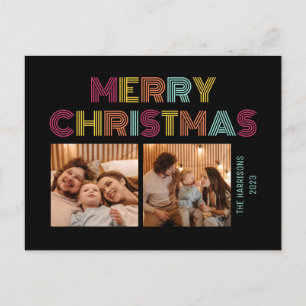 Neon Rainbow Retro Christmas Holidays Photos Black Postcard