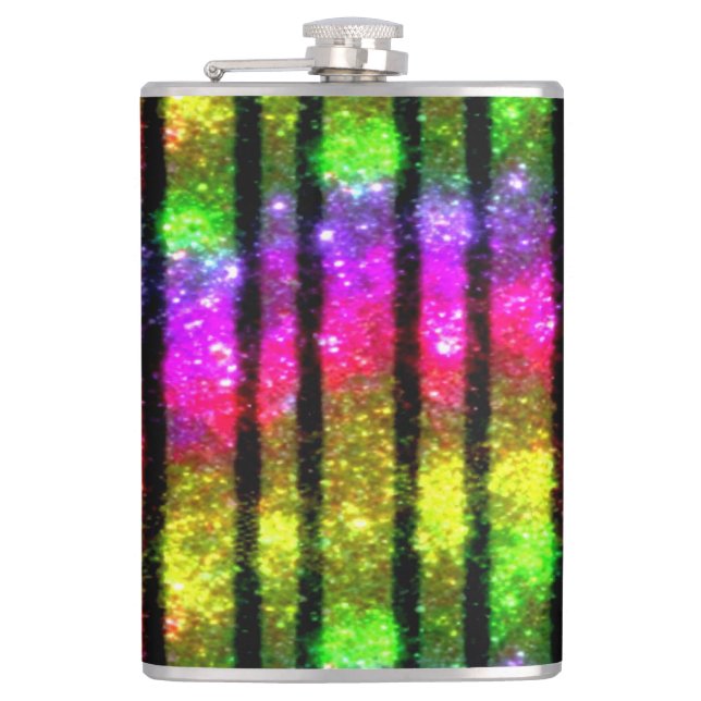 Neon Rainbow Shimmer Stripes Hip Flask (Front)