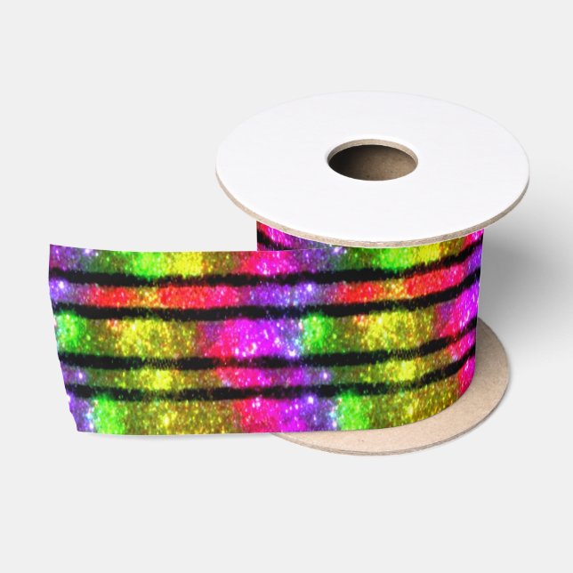 Neon Rainbow Shimmer Stripes Satin Ribbon (Spool)