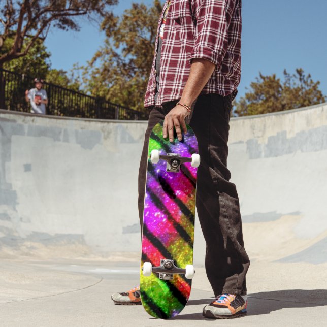 Neon Rainbow Shimmer Stripes Skateboard (Outdoor 2)