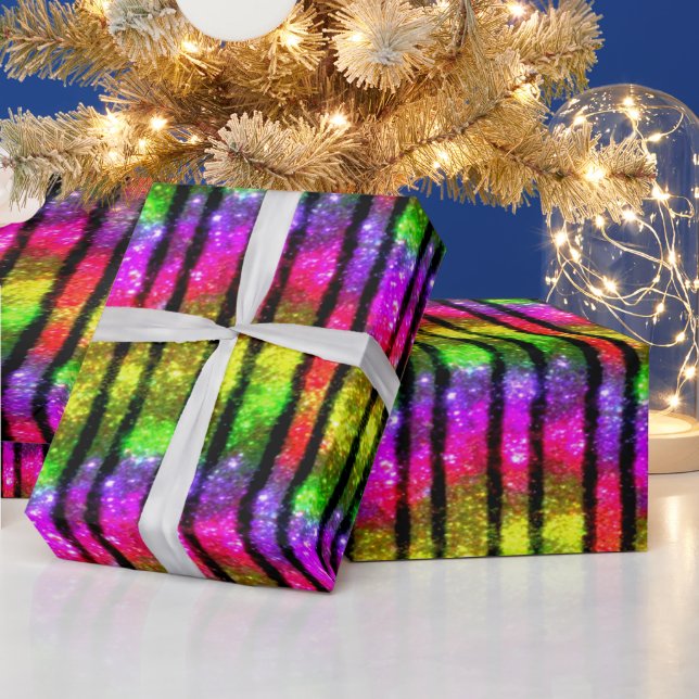 Neon Rainbow Shimmer Stripes Wrapping Paper (Holidays)