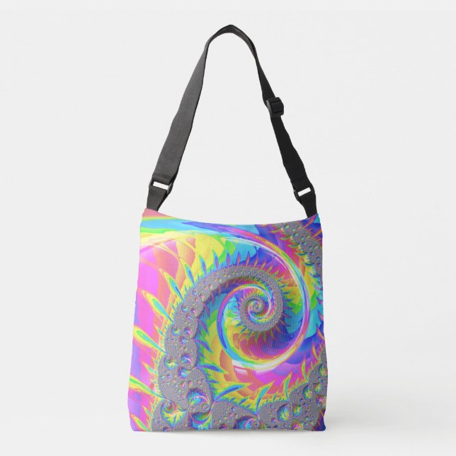 Neon Rainbow Spiral Fractal Abstract Digital Art Crossbody Bag (Front)