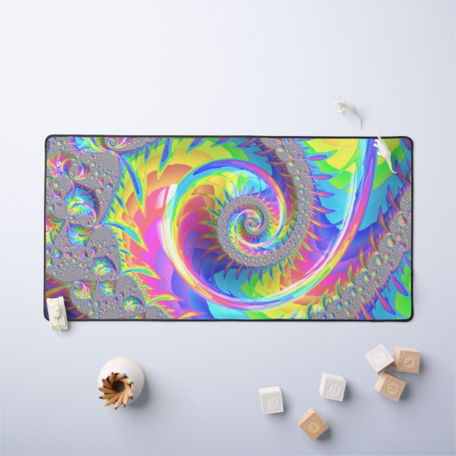 Neon Rainbow Spiral Fractal Abstract Digital Art Desk Mat (Kids Table)