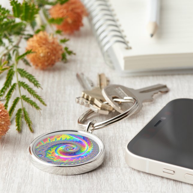 Neon Rainbow Spiral Fractal Abstract Digital Art Key Ring (Side)