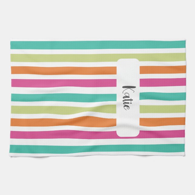 Neon rainbow stripes fun retro  tea towel (Horizontal)