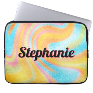 Neon Rainbow Swirl Personalised Black Name Laptop Sleeve