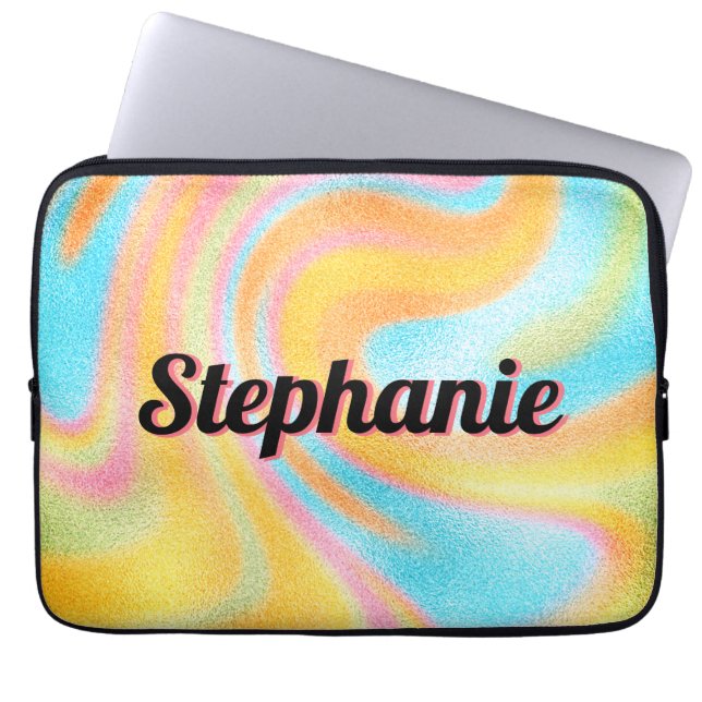 Neon Rainbow Swirl Personalised Black Name Laptop Sleeve (Front)