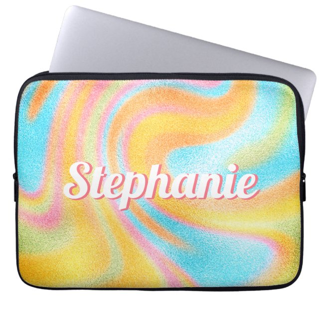 Neon Rainbow Swirl Personalised Name Laptop Sleeve (Front)