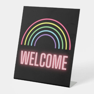 Neon Rainbow Welcome Pedestal Sign