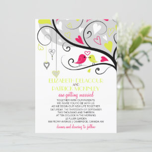 Neon Red and Yellow Whimsical Lovebirds Wedding Invitation