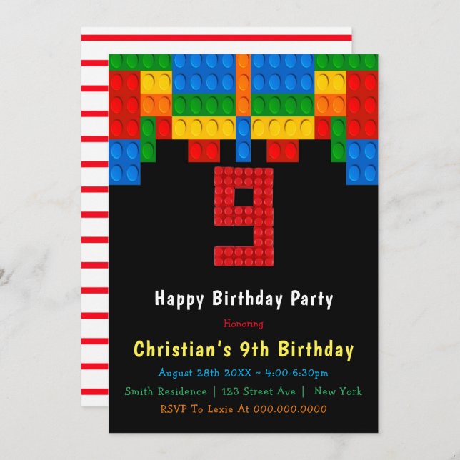 Neon Red Building Blocks 9th Birthday Invitations (Front/Back)