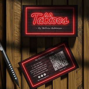 Neon Red & Dark Brick Wall Tattoo Artist QR Code  Business Card