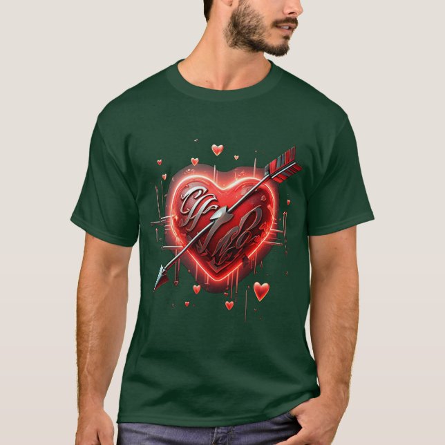 Neon Red Heart & Silver Arrow Trendy 3D Romantic T-Shirt (Front)