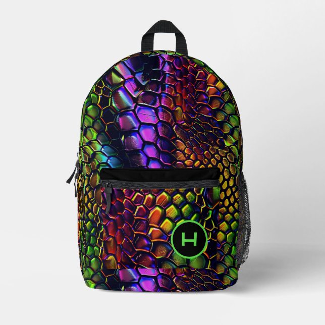 Neon Reptile Fun Monogram Printed Backpack (Front)