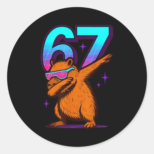 Neon Retro Dabbing Capybara 67 Classic Round Sticker (Front)