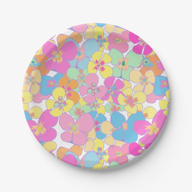 Neon Retro Floral Pink Colourful Paper Plate (Front)