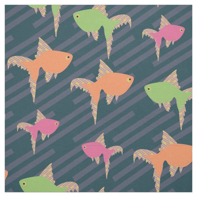 Neon Retro Goldfish Repeat Pattern Fabric (Swatch)