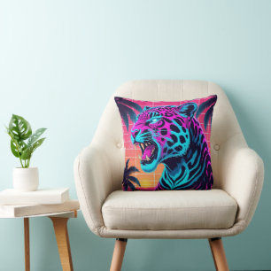 Neon Retro Jaguar – Vibrant Synthwave 80s Animal D Cushion